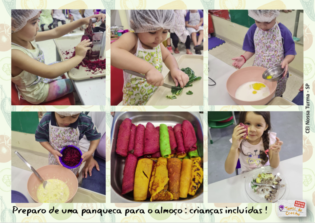 criancas fazendo panquecas coloridas